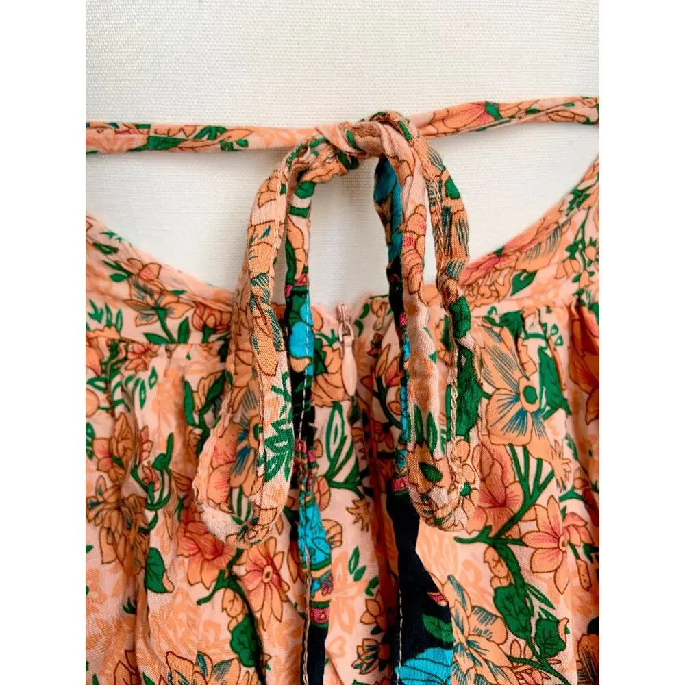 Boho Rayon Orange Teal Floral Halter Tie Empire Waist Mini Dress Women's Small - Picture 8 of 11